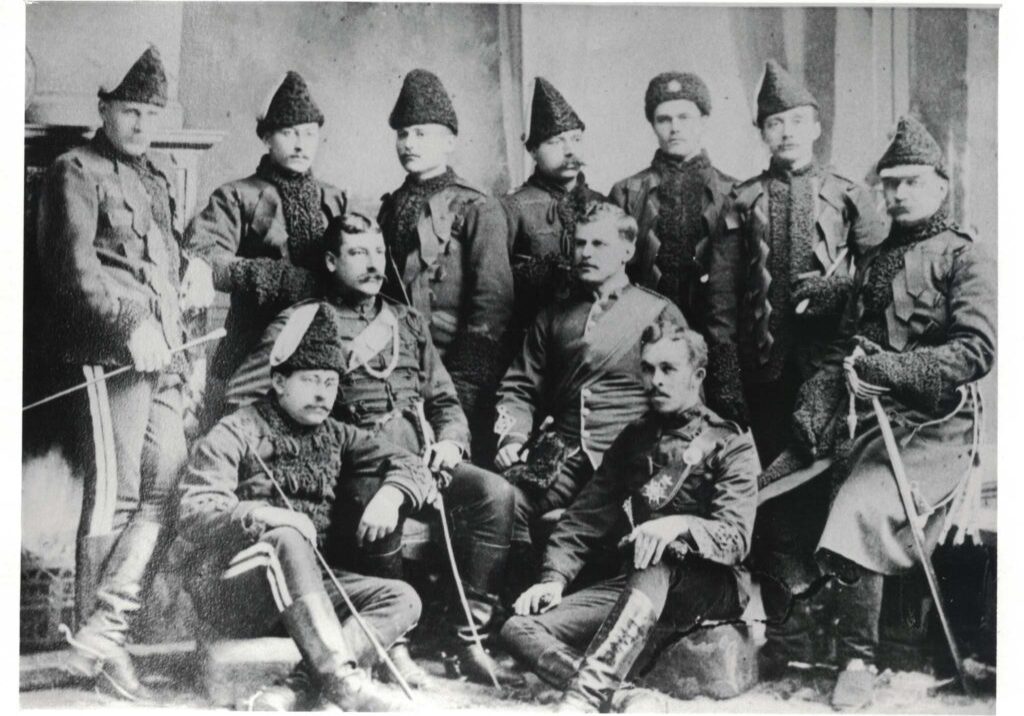A scan of a group photograph of the first course of instruction at the Royal School of Cavalry, Quebec. LCol J.F. Turnbull is on the extreme right side of the group.